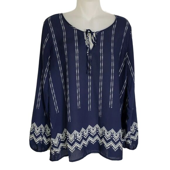 Charming Charlie Womens Blouse Size Medium M Blue Sheer Long Sleeve Tie Neck - Picture 1 of 11